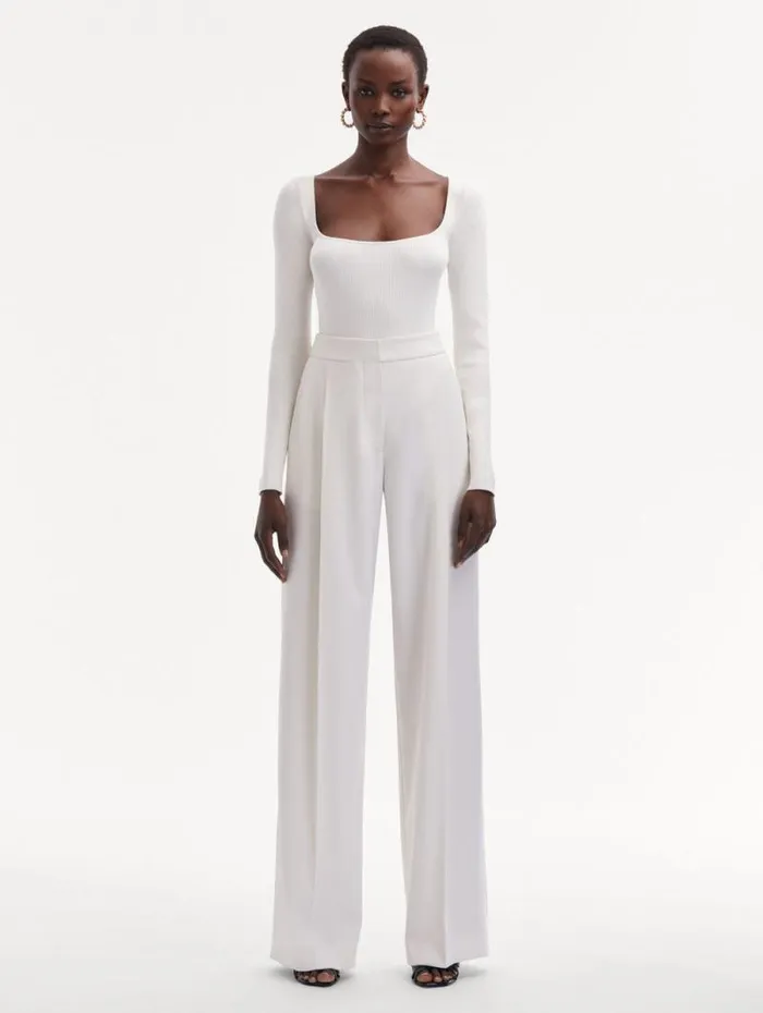 Women Oscar De La Renta Pants and Skirts Wide Leg Wool Gabardine Pant Ivory