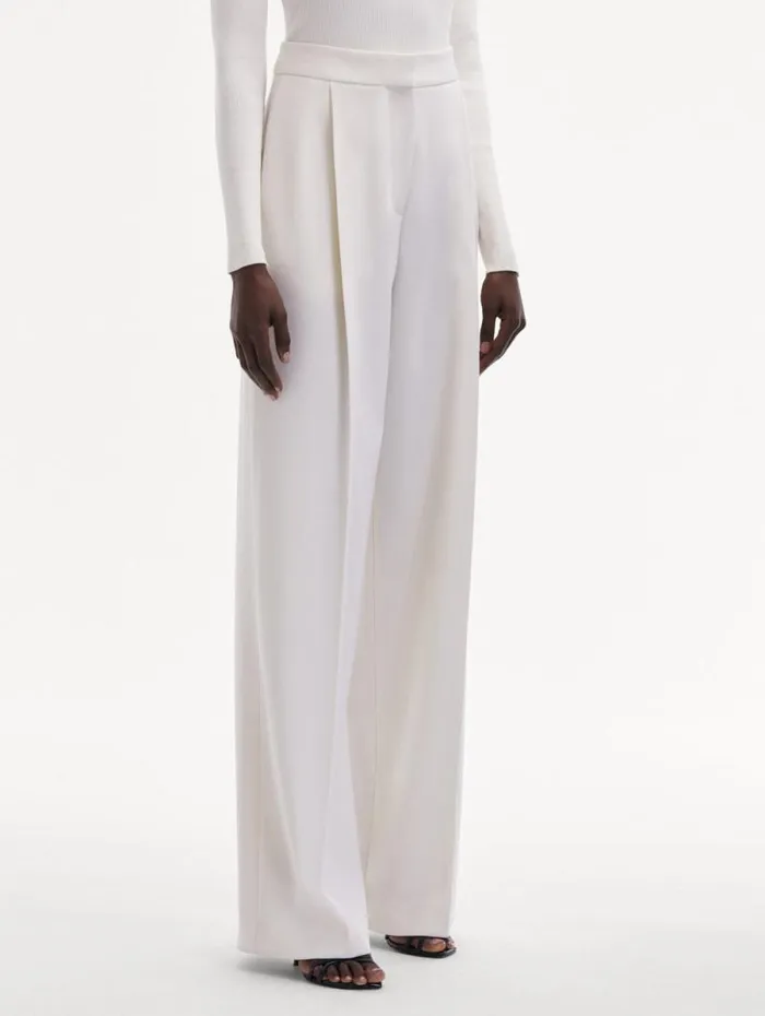 Women Oscar De La Renta Pants and Skirts Wide Leg Wool Gabardine Pant Ivory