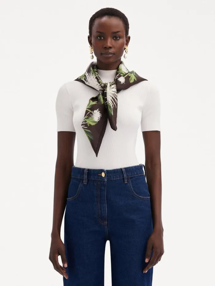 Women Oscar De La Renta Scarves Chrysanthemum Silk Twill Scarf Chocolate Women Oscar De La Renta Scarves Chrysanthemum Silk Twill Scarf Chocolate