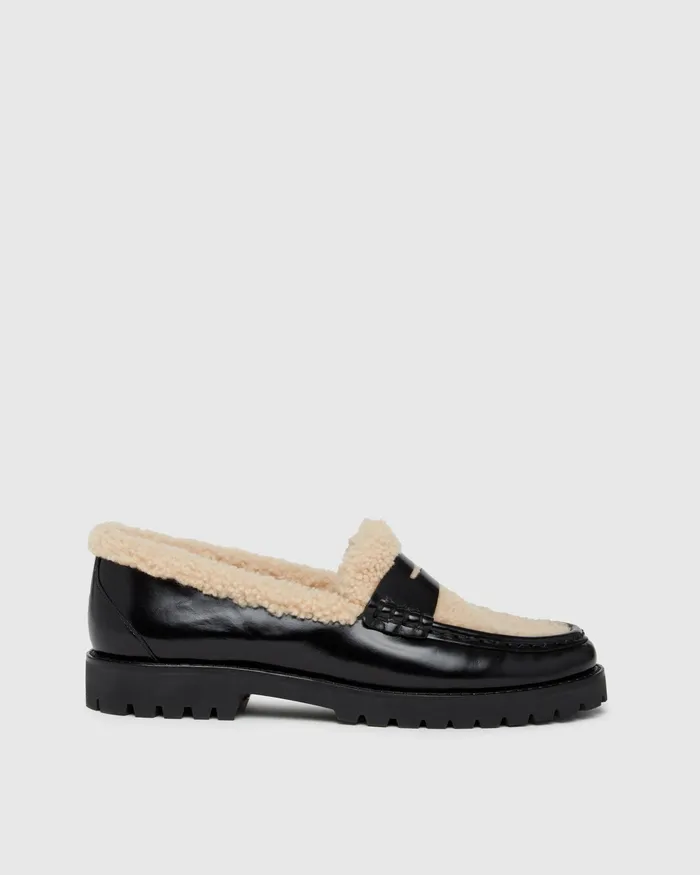 Women PAIGE Ellis Shearling Loafer 8211 Black Leather Flats