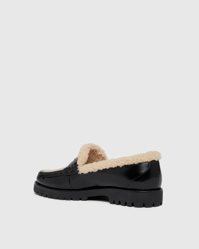 Women PAIGE Ellis Shearling Loafer 8211 Black Leather Flats