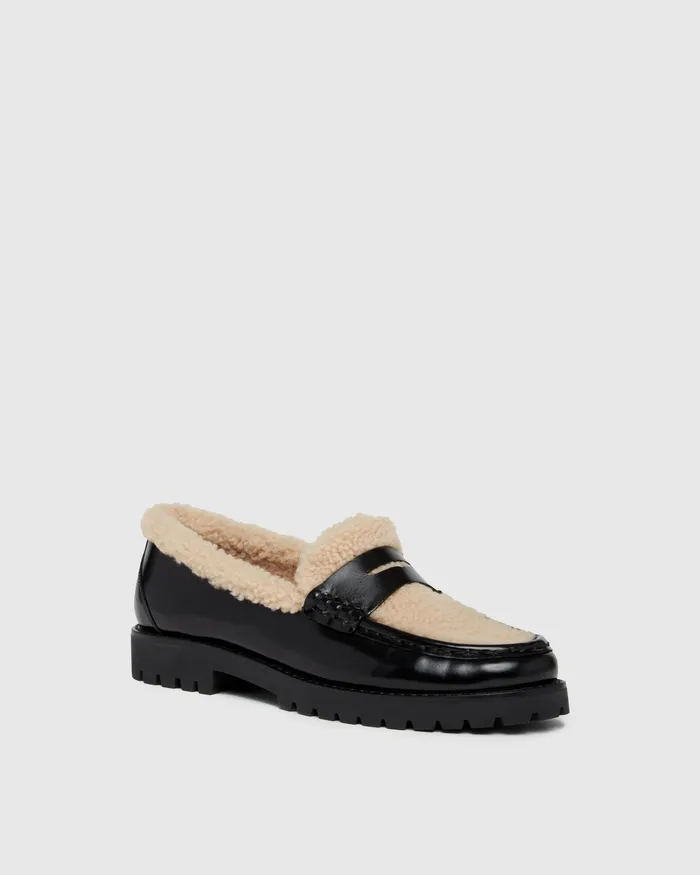 Women PAIGE Ellis Shearling Loafer 8211 Black Leather Flats