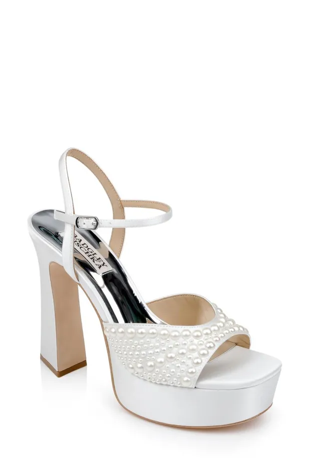 Women Platform Badgley Mischka Bryleigh Satin Platform Block Heels With Bejeweled Vamp Black