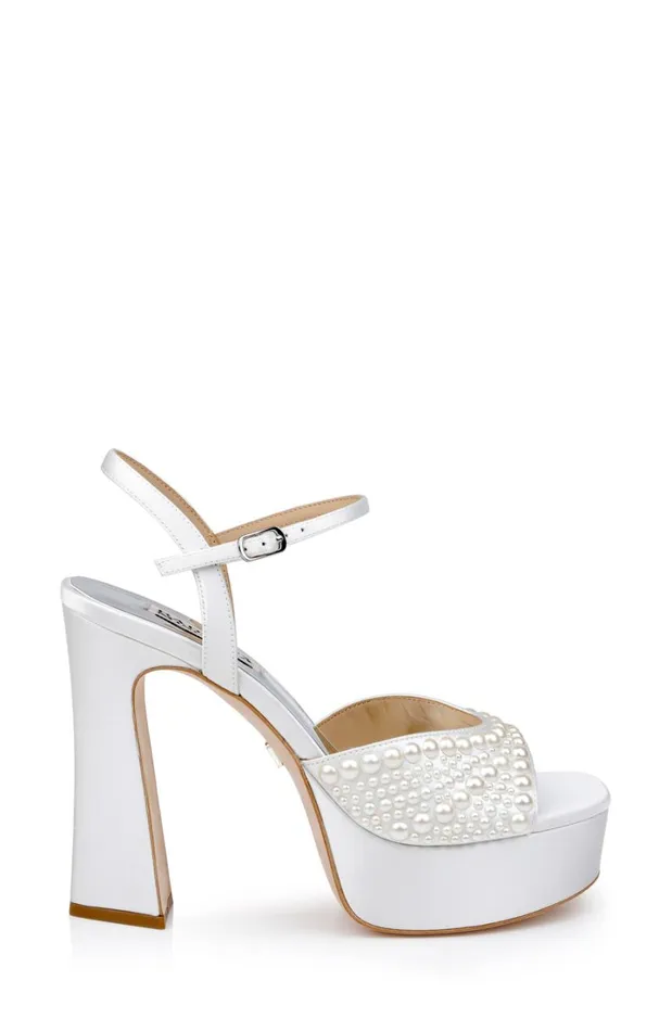 Women Platform Badgley Mischka Bryleigh Satin Platform Block Heels With Bejeweled Vamp Black
