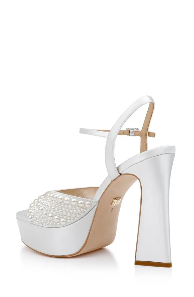 Women Platform Badgley Mischka Bryleigh Satin Platform Block Heels With Bejeweled Vamp Black