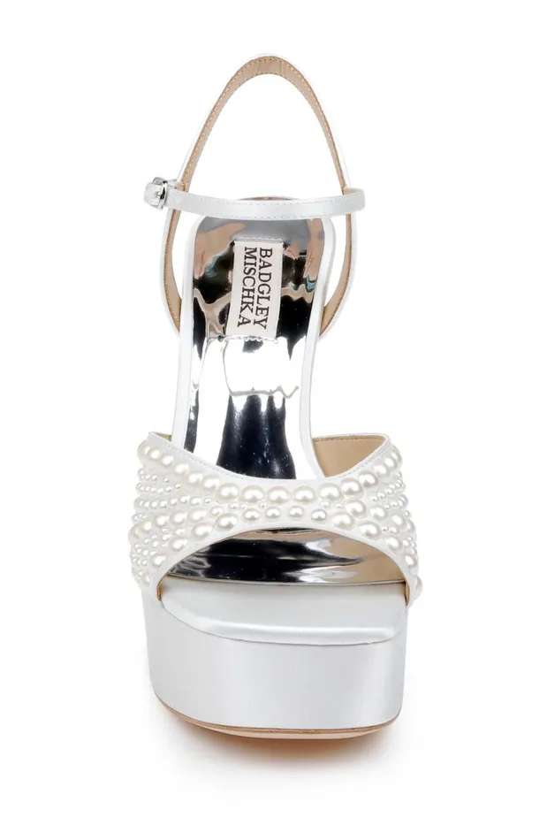 Women Platform Badgley Mischka Bryleigh Satin Platform Block Heels With Bejeweled Vamp Black
