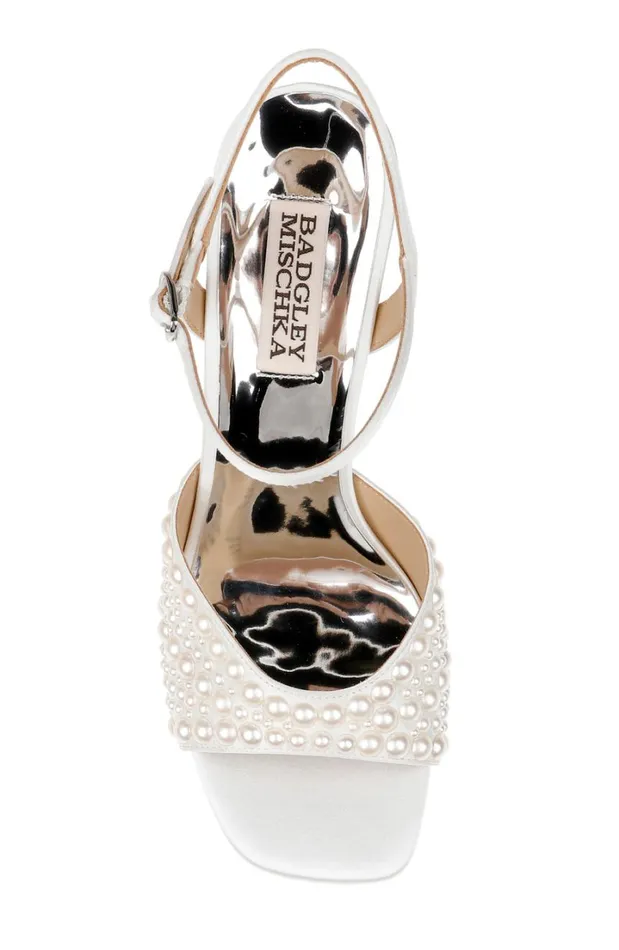 Women Platform Badgley Mischka Bryleigh Satin Platform Block Heels With Bejeweled Vamp Black