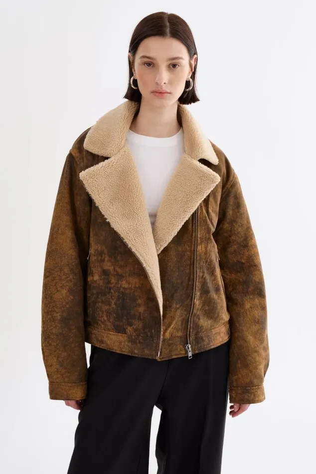 Women RUTHIE Sherpa Leather Jacket Rustic Amber LAMARQUE Leather Jackets