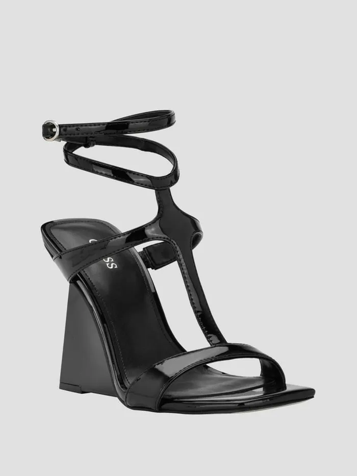 Women Sandals GUESS Bacio TStrap Wedge Heels Black 002