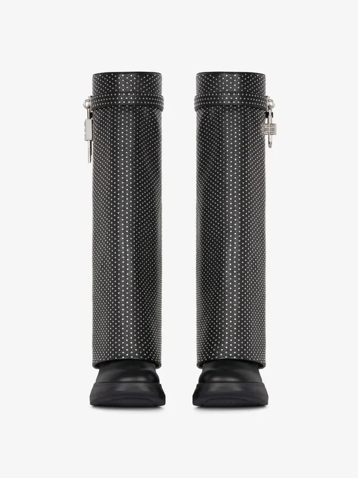 Women Shark Lock Givenchy Shark Lock Biker Boots In Grained Leather With Studs Black