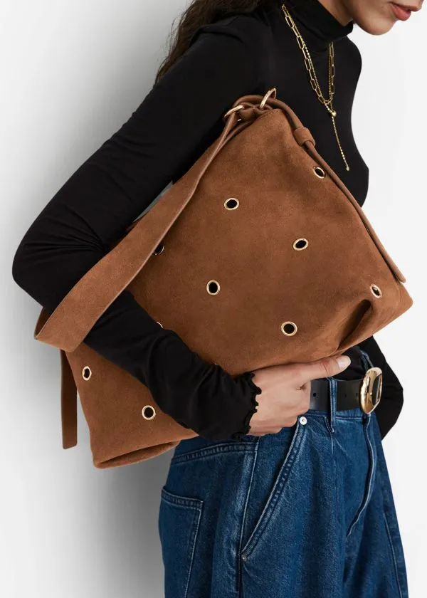 Women Shoulder Bags and Other Stories EyeletEmbellished Suede Bag Brown