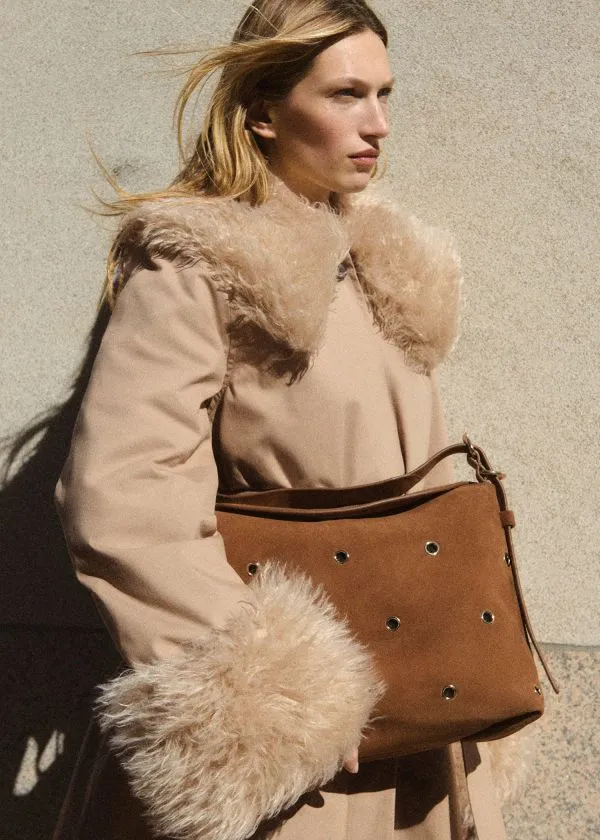 Women Shoulder Bags and Other Stories EyeletEmbellished Suede Bag Brown