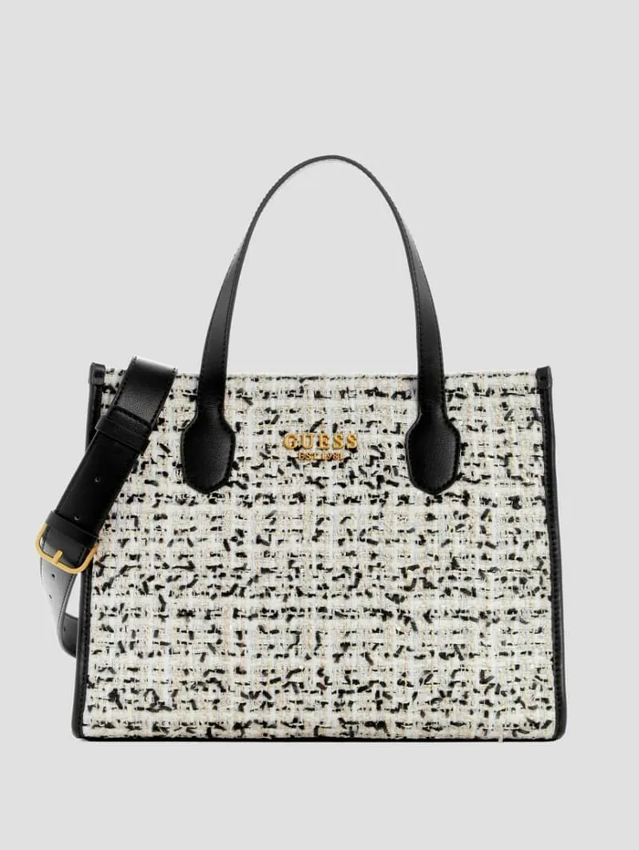 Women Silvana Tweed Tote Cream Multi Handbags GUESS