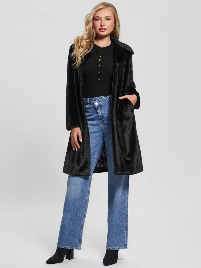 Women Simmone FauxFur Coat Black Jackets and Coats GUESS