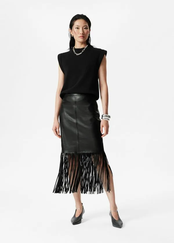 Women Skirts and Other Stories Fringed Leather Midi Skirt Black