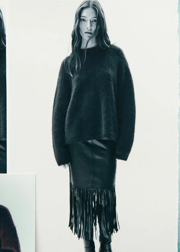 Women Skirts and Other Stories Fringed Leather Midi Skirt Black