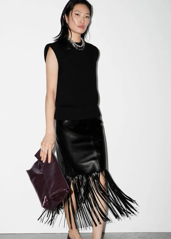 Women Skirts and Other Stories Fringed Leather Midi Skirt Black