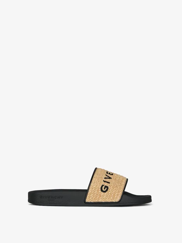 Women Slides and Sandals Givenchy Slide Flat Sandals In Raffia Blacknatural