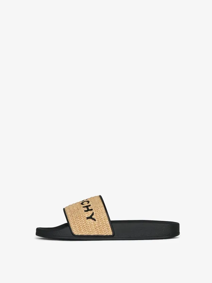 Women Slides and Sandals Givenchy Slide Flat Sandals In Raffia Blacknatural