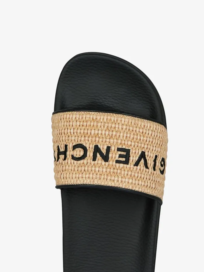 Women Slides and Sandals Givenchy Slide Flat Sandals In Raffia Blacknatural