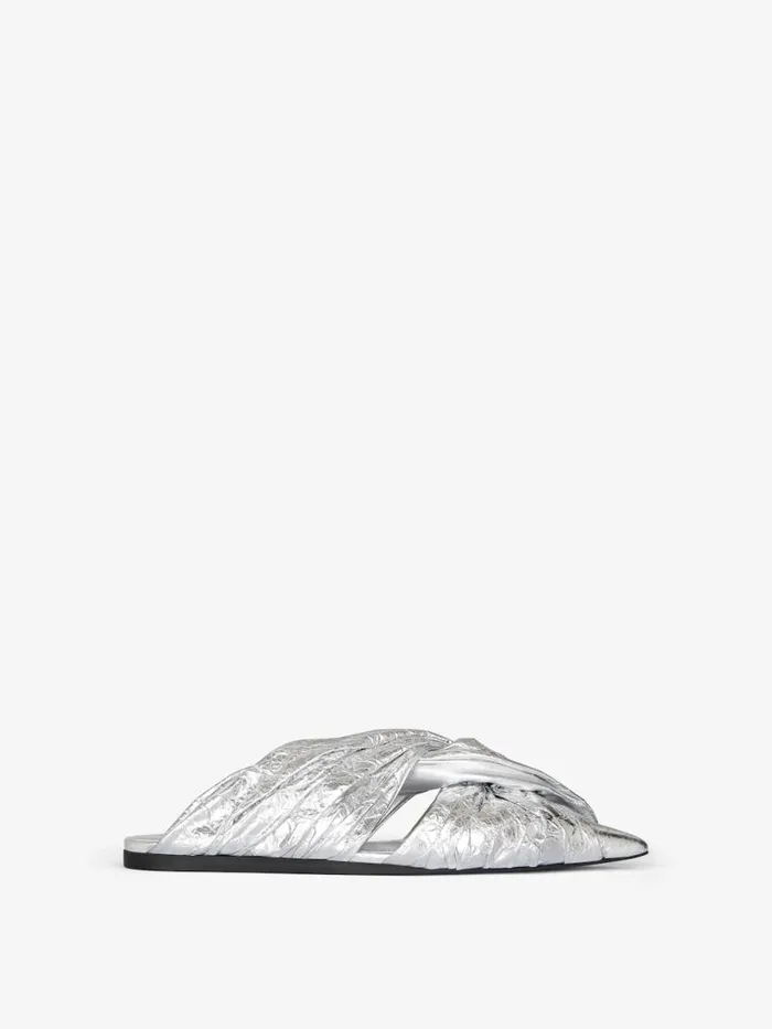 Women Slides and Sandals Givenchy Twist Flat Mules In Laminated Leather Silvery