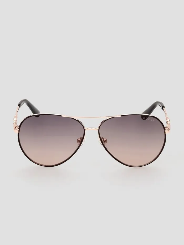 Women Square G Link Metal Aviator Sunglasses 05b Black Sunglasses GUESS