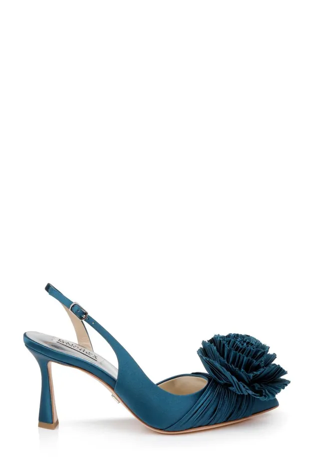 Women Stiletto Badgley Mischka Blaire Pleated Satin Slingback Heels With Floral Detail Black