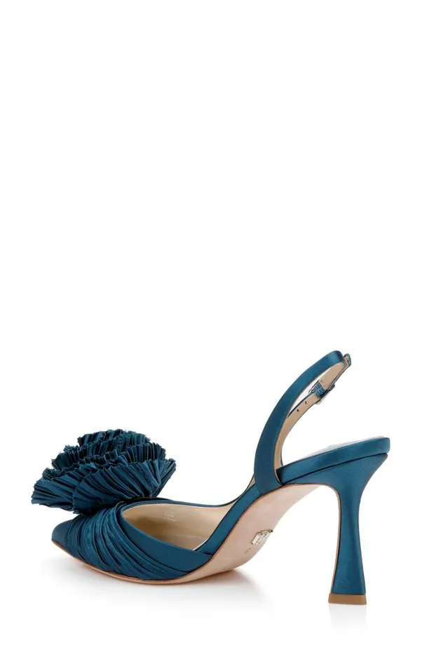 Women Stiletto Badgley Mischka Blaire Pleated Satin Slingback Heels With Floral Detail Black