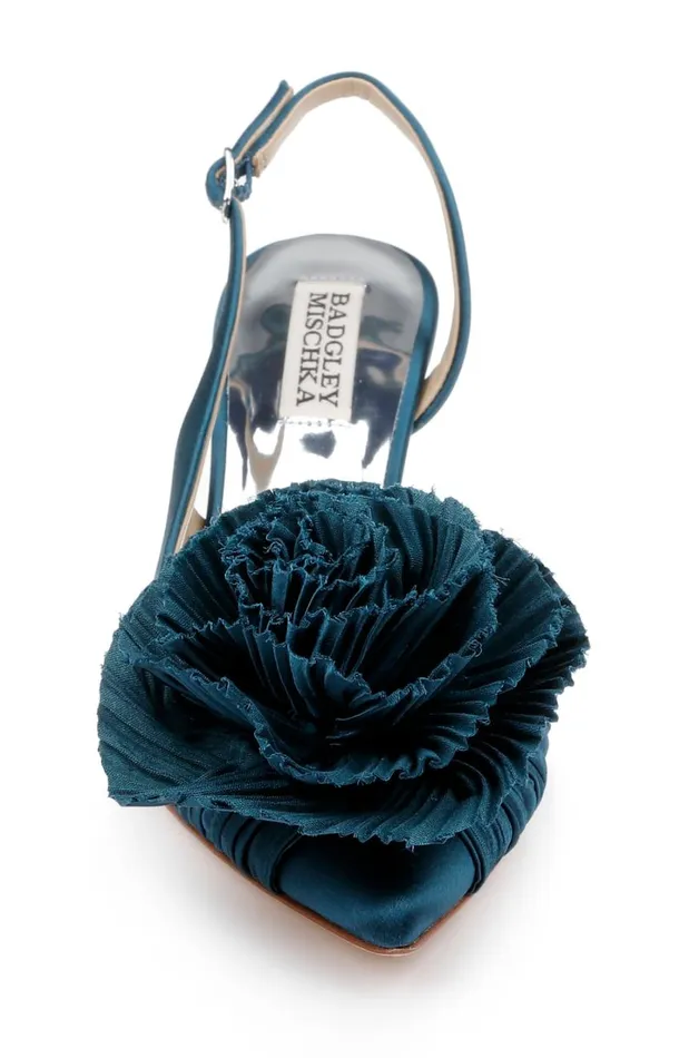 Women Stiletto Badgley Mischka Blaire Pleated Satin Slingback Heels With Floral Detail Black