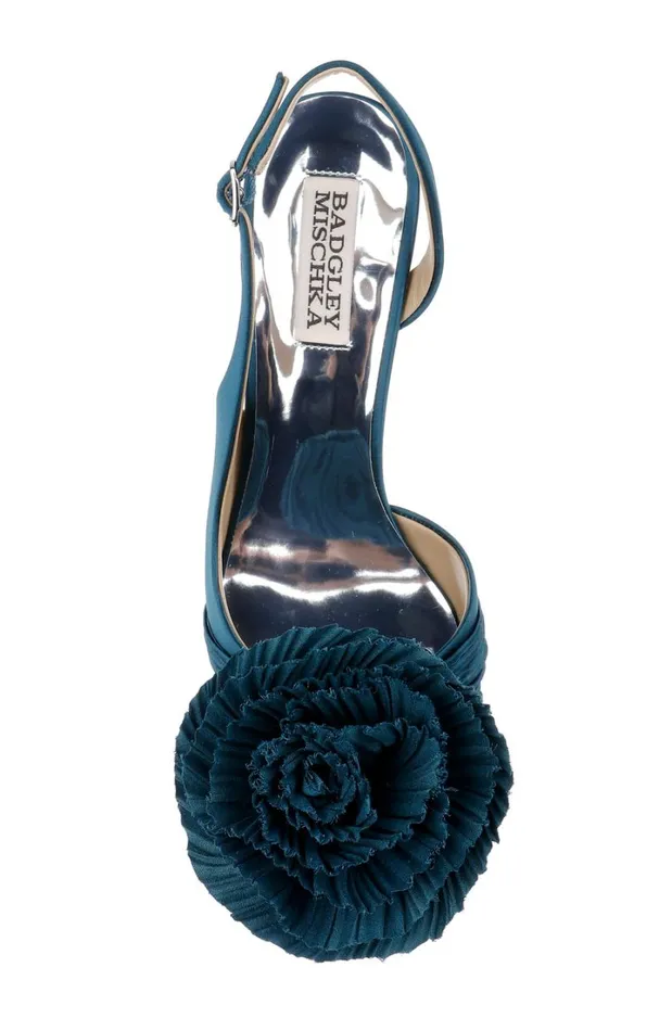 Women Stiletto Badgley Mischka Blaire Pleated Satin Slingback Heels With Floral Detail Black