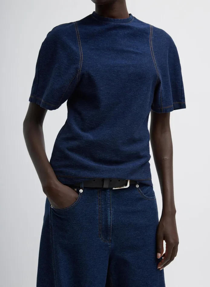 Women Tibi Denim Indigo Barre Denim Knit Sculpted Shrunken TShirt