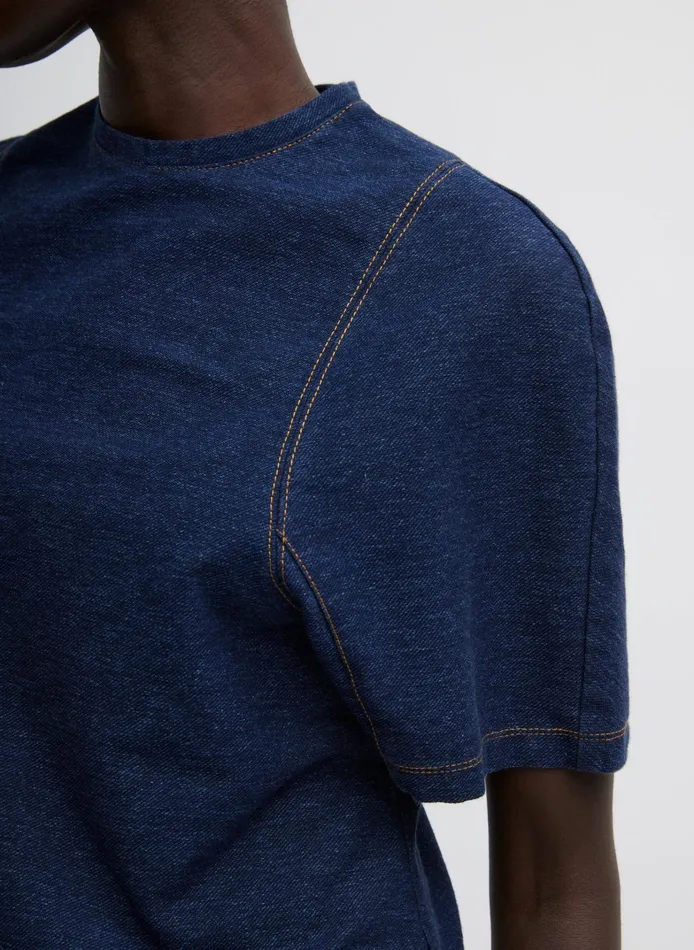 Women Tibi Denim Indigo Barre Denim Knit Sculpted Shrunken TShirt