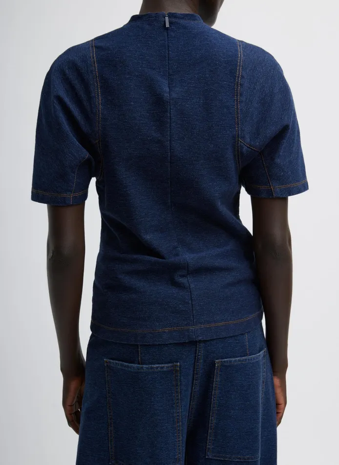 Women Tibi Denim Indigo Barre Denim Knit Sculpted Shrunken TShirt