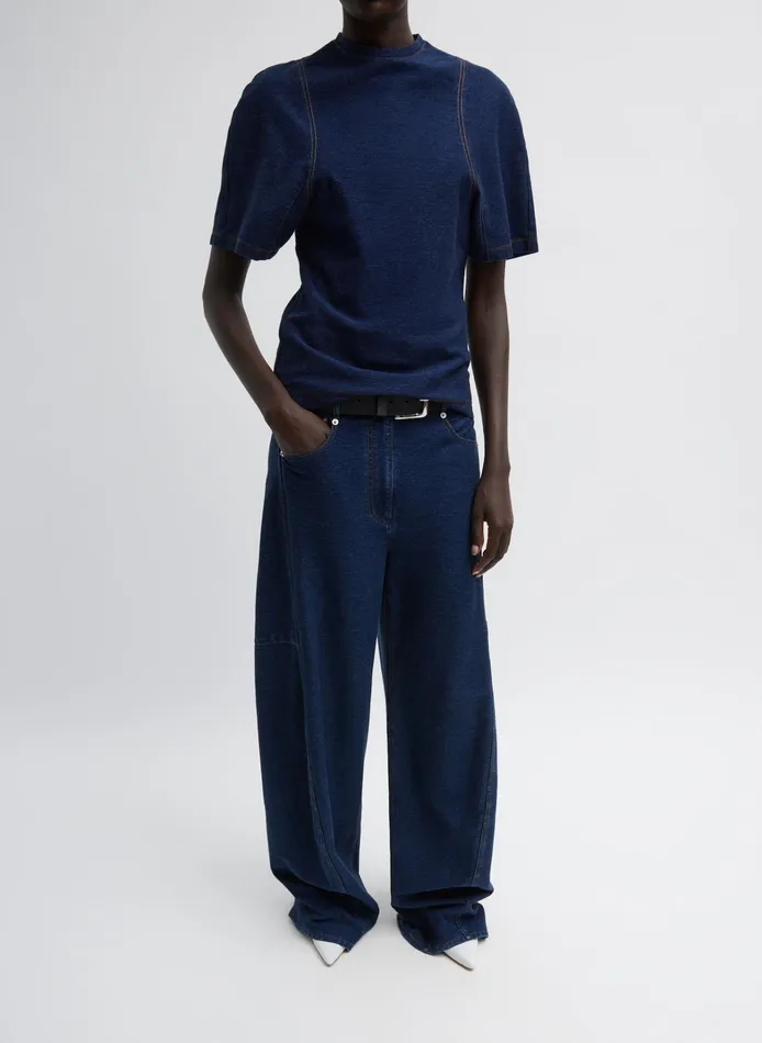 Women Tibi Denim Indigo Barre Denim Knit Sculpted Shrunken TShirt